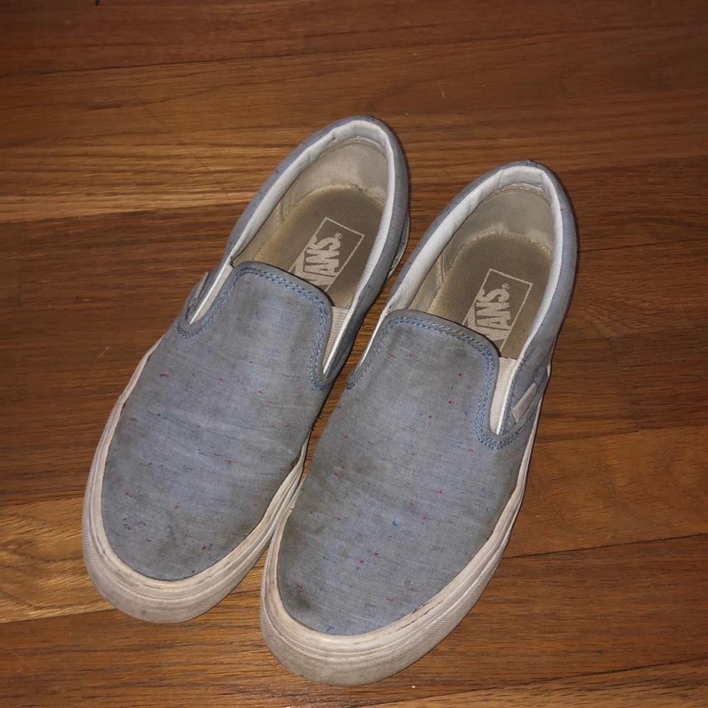 blue with colored speckles vans slip ons